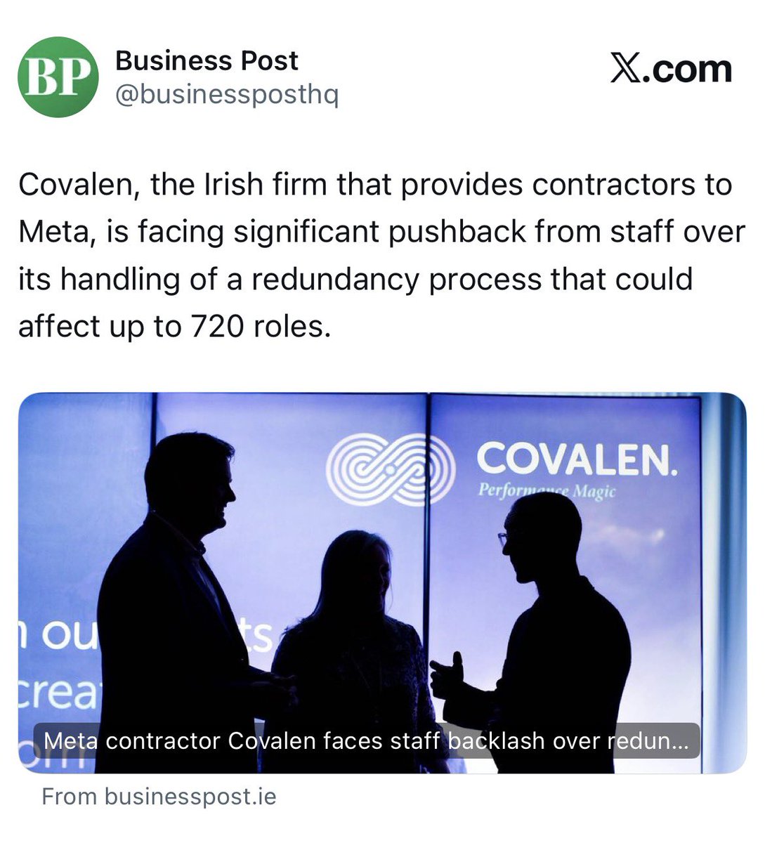 njbennett's tweet photo. The Irish govt's different approaches to the layoffs at Meta (350, 20%) &amp; Covalen (720, 40%) is illuminating.

Covalen is giving no healthcare benefit + only 2 weeks/yr + 1 week ex gratia to workers with 2+ yrs service, but Burke ignores them and has the backs of Meta workers. https://t.co/R7CdXNSn0p