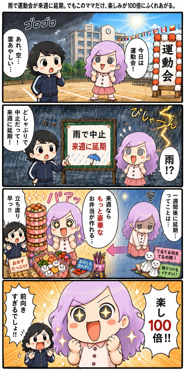 michipoppo's tweet photo. ChatGTPで完璧な漫画を作る！講座。新しくなったimage2で１つめの４コマをプロンプトで修正して２つ目にしてみたよ。すごくないーーー？

#わどみちぽAIマンガスクール https://t.co/2AdIu8Hp1N