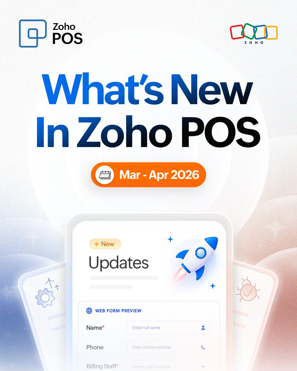 ZohoPOS's tweet photo. Here’s what’s new in Zoho POS from March to April 2026.

From bringing your business applications into one place with Web Tabs to creating customizable web forms for collecting business-specific information, we’ve introduced several new features and enhancements to improve your point of sale experience. 

Learn more here: https://t.co/FDJmgdhUPZ

#ZohoPOS #ModernRetail #PointofSale #RetailTech