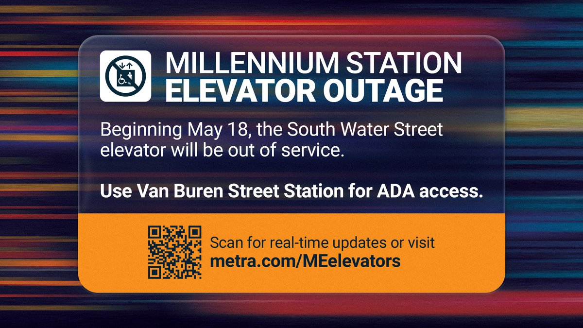 metraMED's tweet photo. As a reminder, the elevator that provides access to Millennium Station and South Water Street for persons with disabilities will be out of service while it is being replaced. ADA customers are advised to use Van Buren Street Station as an alternative. Visit https://t.co/RDElKF9xwu for additional information.