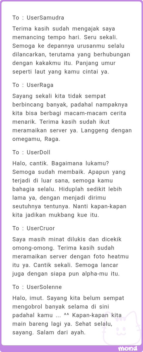 CakeGabriels's tweet photo. Ada rombongan buat Samudera Biru, Raga, Doll, Cruor, dan Solenne!

Eh... rombongan lagi? Buat Enne, Tozama, Deanlova, sama Tsukuyomi.

Selanjutnya buat Nemesis, makasih udah mau ngobrol, jangan nyesel ok.

Buat Love-Lies-Bleeding, seneng bisa ngobrol bareng katanya. https://t.co/Hoe6BTl2id