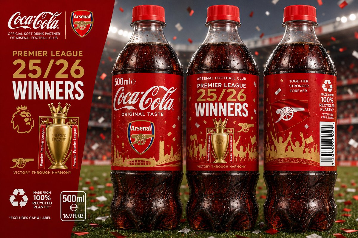 stevotitus's tweet photo. @CocaCola needs to capitalize on Arsenal winning the Premier League ASAP. Time to brand those bottles! 🏆⚽️ https://t.co/BEDntjchwX