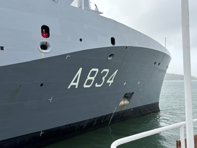 RFAHeadquarters's tweet photo. HNLMS Den Helder, the Netherlands' 🇳🇱 newest replenishment oiler, welcomed COMRFA Sam Shattock as Final Inspection Officer following an intensive @FOST package. A strong demonstration of interoperability &amp; enduring NATO partnerships at sea 🌊. 🇳🇱  🇬🇧 #RFA #NATO #RNLN @kon_marine https://t.co/BmuoR11EG2