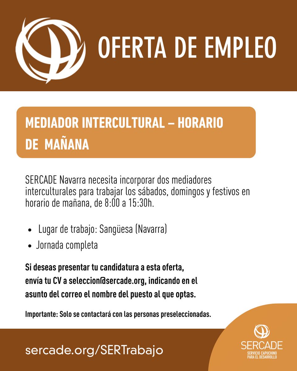 capuchinosesp's tweet photo. 🟠 OFERTAS DE EMPLEO

Para trabajar en Sangüesa (Navarra):

▪️2 mediadores interculturales (S, D y festivos, horario de mañana).
▪️2 mediadores interculturales (S, D y festivos, horario de tarde).
▪️1 educador (S, D y festivos, horario de tarde).

👉https://t.co/0poXrj9oSc https://t.co/a1RFJxBaY2