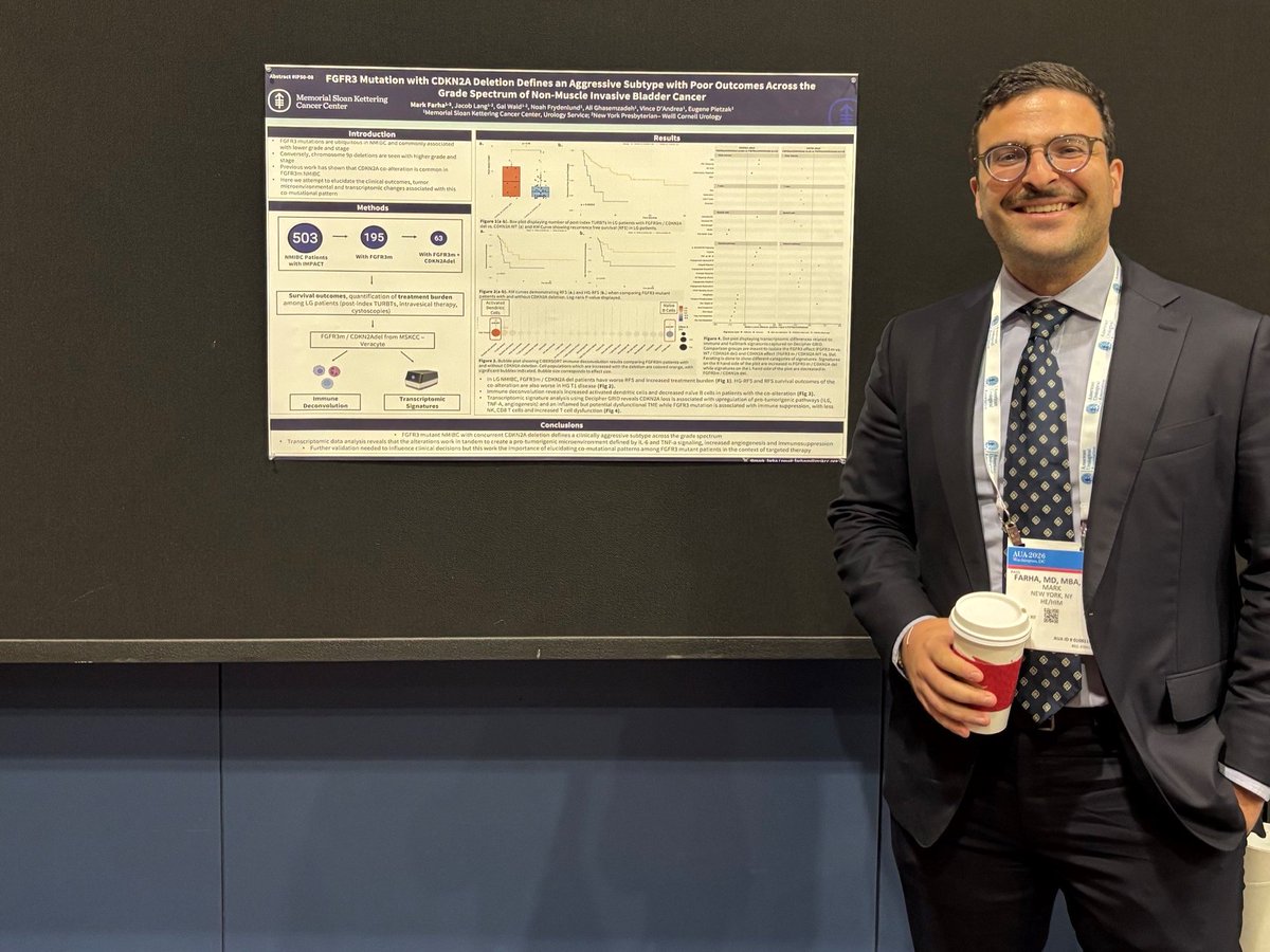 WCMUrology's tweet photo. @Mark_Farha received best poster at #AUA26's "IP50: Bladder Cancer-Non-Invasive IV" for his research, "FGFR3 Mutation w/ CDKN2A Deletion Defines an Aggressive Subtype w/ Poor Outcomes Across the Grade Spectrum for Non-Muscle Invasive Bladder Cancer" under Dr. Pietzak. Congrats! https://t.co/XdqmRpMlg5
