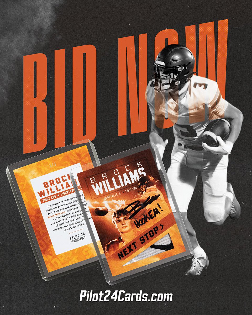 Pilot24Cards's tweet photo. 🤘 IT’S GAME DAY, LONGHORN NATION 🤘
 
Today is your FINAL chance to own the EXCLUSIVE Brock Williams 1/1 trading card before it’s gone. 🔥
 
Texas fans already know what’s coming… one of the nation’s elite TE prospects is headed to Austin, and this card marks the beginning of Brock’s Longhorn journey.
 
This ONE-OF-ONE collectible features: ✍️ Brock Williams’ personal autograph 🧤 Authentic game-worn glove swatch personally donated by Brock ⚡ Gloves worn during Brock’s 4-touchdown performance
💯 of proceeds go DIRECTLY back to Brock Williams 
 
ONE card. ONE winner. ONE chance. 🤘
 
⏰ Auction ends TONIGHT at 6 pm CST 🌐 Place your bids now at https://t.co/wXUGASNinp
 
#HookEm #TexasFootball #Longhorns #TexasLonghorns #BrockWilliams #TexasRecruiting #NIL #AllGasNoBrakes #SECFootball #CollegeFootball #FootballCards #TradingCards #SportsCards #1of1 #OneOfOne #GameWorn #Autographed #Pilot24Cards #HookEmHorns