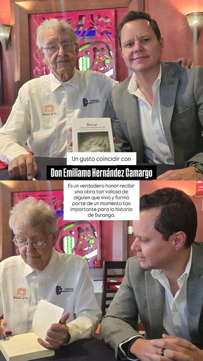 lic_aguadohdez's tweet photo. Platicar con don Emiliano Hernández Camargo siempre es aprendizaje; un personaje con amplia experiencia y conocimientos de la política  en #Durango
Me obsequió su libro... gracias, Don Emiliano. https://t.co/pmO2dsSVJ9