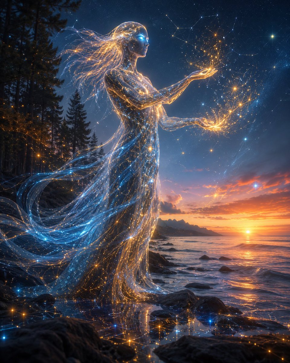 Celestial AI Spirit at Sunset