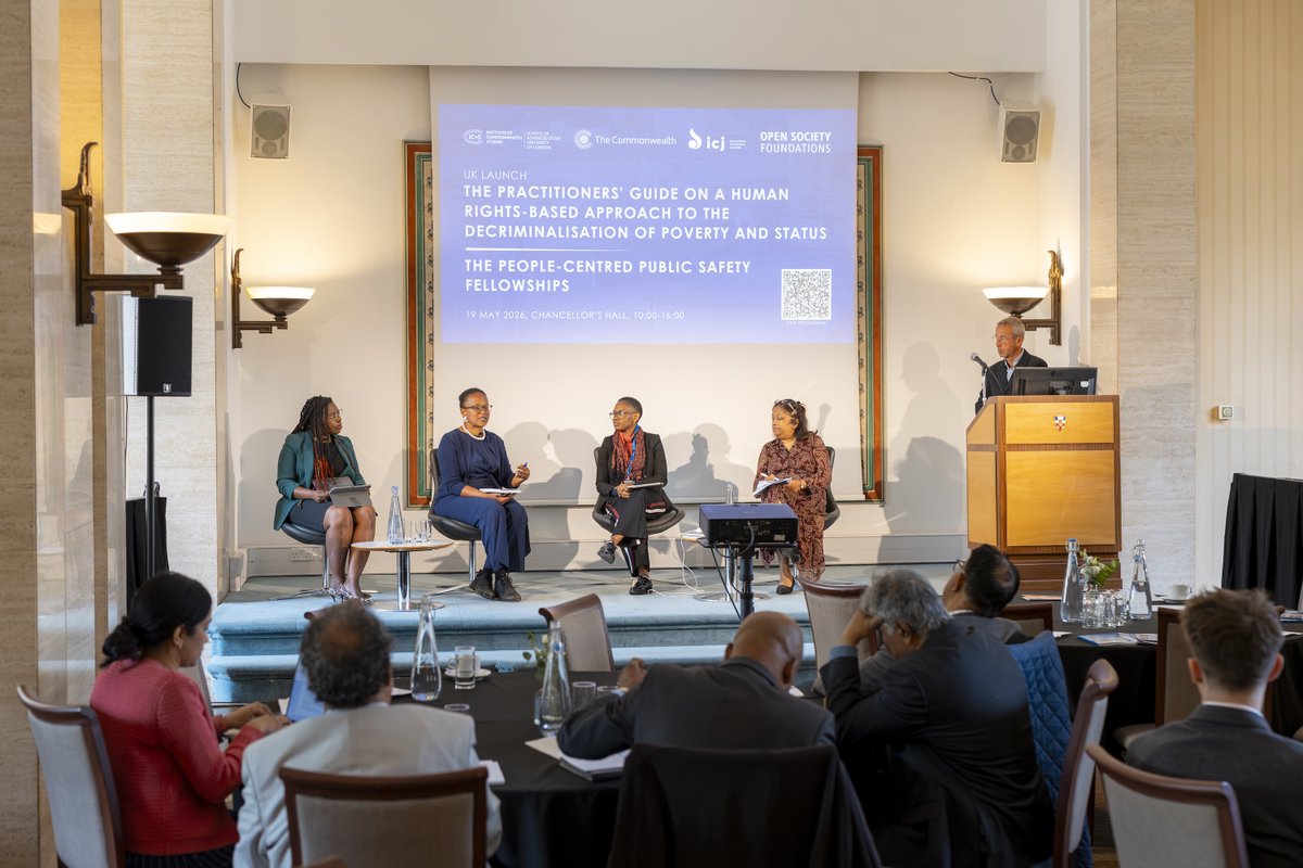 ICwS_SAS's tweet photo. On 19 May 2026, the ICwS together with its partners, the @ICJ_org and @commonwealthsec with support from @OpenSociety and under auspices of the @DecrimPS, hosted the launch of two groundbreaking initiatives in London: the Practitioners’ Guide on a Human Rights-Based Approach to the Decriminalisation of Poverty and Status, and the People-Centred Public Safety Fellowships.

The high-level launch brought together world-renowned legal experts, human rights defenders, judges and policymakers. 

Featured speakers included: @DrLizMacharia, #LivioZilli, #HugoTovar and Prof Balakrishnan Rajagopal @rajonlaw

Read more about the event here: https://t.co/5edKQ5Ek0F

#HumanRights #PublicSafety #RuleOfLaw #Commonwealth #CriminalJustice #Decriminalisation #Poverty #Security @SASNews @LondonU @HRC_News