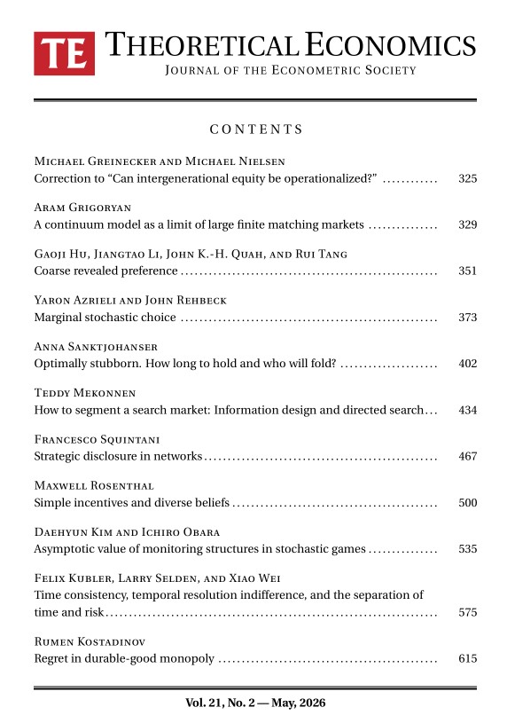 EconTheory's tweet photo. Theoretical Economics Volume 21, Issue 2 (May 2026) is now online https://t.co/LT8bO4sxxp https://t.co/7bs4NO13R4