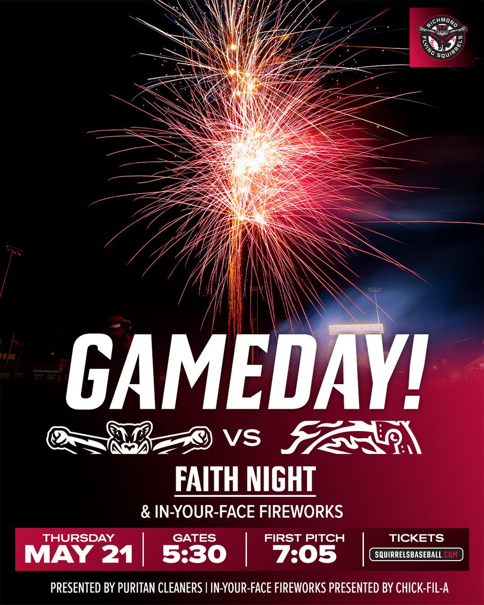 GoSquirrels's tweet photo. FUNN and fireworks! 🎆

🆚 Binghamton Rumble Ponies
🙏 Faith Night presented by @puritancleaners 
🎆 In-Your-Face Fireworks presented by @ChickfilA 
🚪5:30 PM
⚾ 7:05 PM
🎟️ https://t.co/mCSv8RBdPd https://t.co/5R3aWehuJY