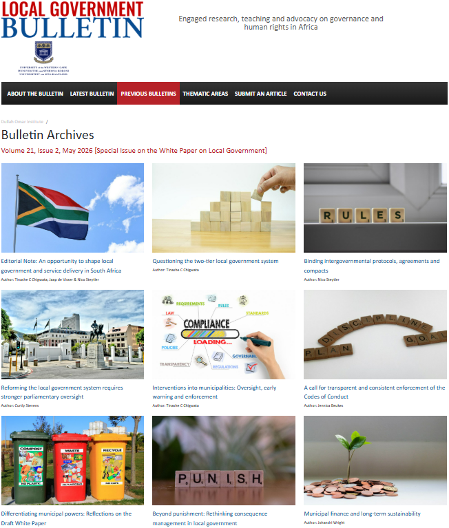 UWC_DOI's tweet photo. 🚨 NEW SPECIAL ISSUE OUT NOW 🚨
The Local Government Bulletin presents a timely Special Issue on the White Paper on Local Government — unpacking some of the most pressing debates shaping the future of local governance and service delivery in SA 🇿🇦
🔗 https://t.co/quvvRSjoDT https://t.co/qHWwbFQzty