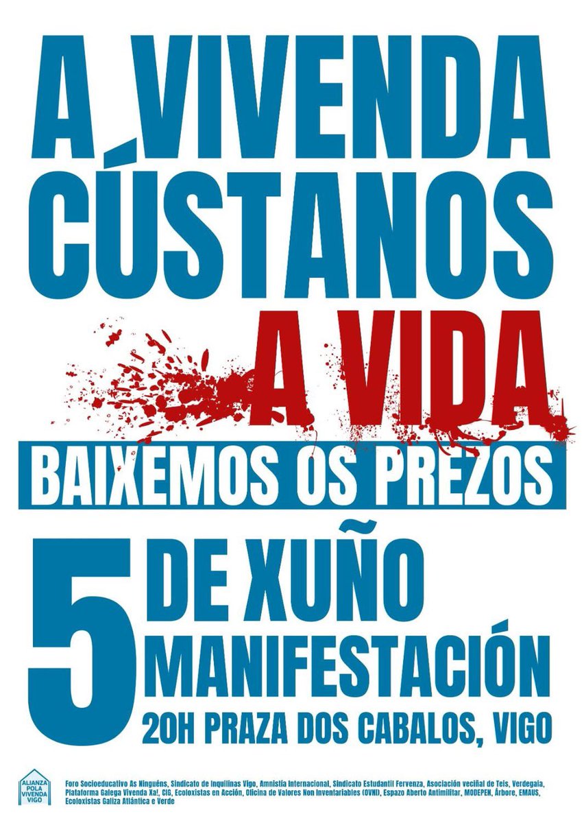 PodemosBaiona's tweet photo. Traballar e non poder pagar un alugueiro. Ter que marchar da túa terra porque vivir nela converteuse nun luxo. Así expulsan á mocidade e ás familias das nosas vilas mentres uns poucos fan negocio coa vivenda.

O 5 de xuño saímos á rúa en Vigo. Porque vainos a vida niso! 💜✊ https://t.co/OyJAfFOLM9