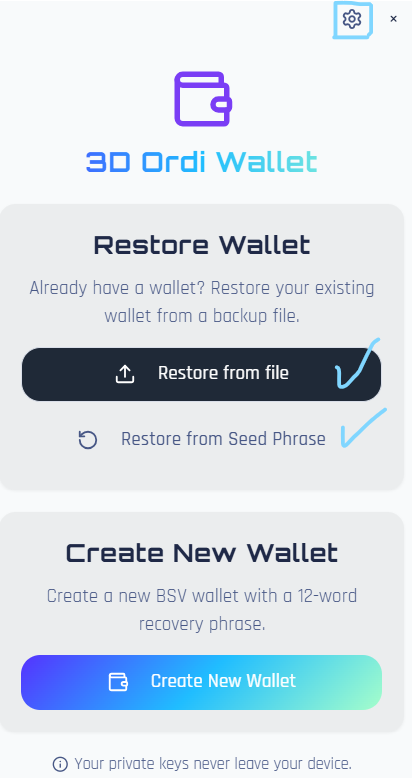 3dordi's tweet photo. The Ultimate Bitcoin Wallet for Ordinals (NFTs) Creators & Collectors:

1. Multilingual Security: Create a 12 or 24-word seed phrase in 10 different languages.
2. Advanced Recovery: Total control of your Bitcoin wallet with full support for 12/24 words seeds, multi-language phrases, and custom Derivation Paths.
3. Seamless Compatibility: Effortlessly restore your wallet using legacy JSON backup files.