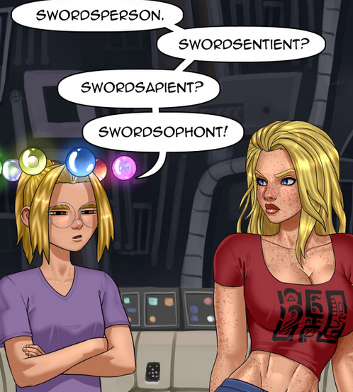 grrlpowercomic's tweet photo. Stepping into the broader galaxy will require some evolution to the English language |
Grrl Power #1462 - Sword insecurities
https://t.co/nmvZasc5pc #webcomic #superheroes #superheroine https://t.co/SX2G3djz91