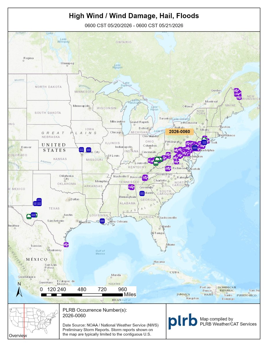 PLRBCats's tweet photo. Storm Reports Summary for May 20–21:

Large Hail (1 in.+): PA, TX, WV
Small Hail (<1 in.): NY, WV
High Wind / Wind Damage: AL, KY, MD, ME, NJ, NY, PA, TN, TX, VA, WV
Flood: GA, LA, MO, NY, PA, TX https://t.co/MV1jL7bHdW