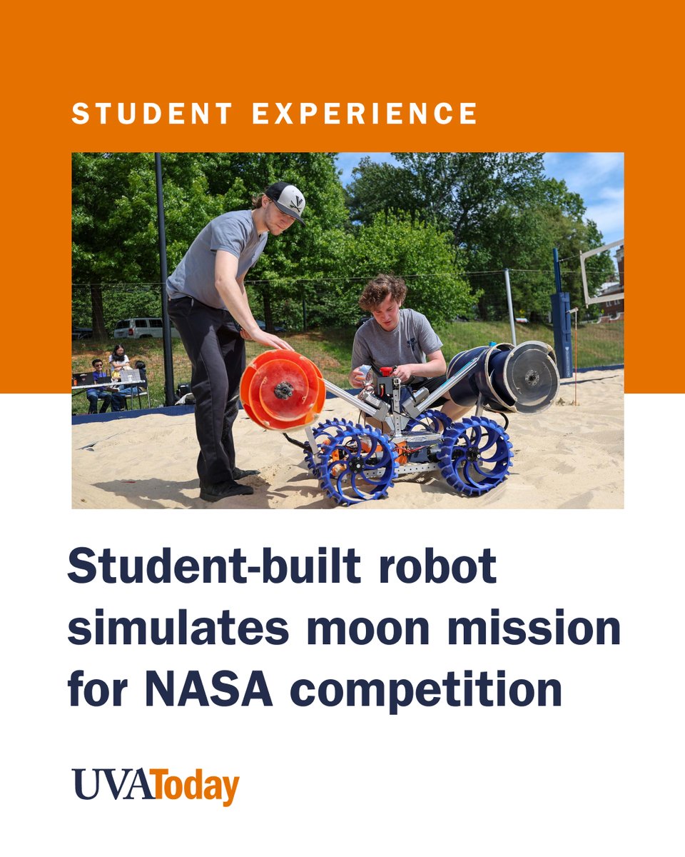 UVA's tweet photo. A team of 22 @UVAEngineers students is competing against students from around the country in the NASA Lunabotics Challenge, building robots intended to mine the moon’s surface. 🤖🌔 

The challenge, focused on mining for the Artemis missions, held qualifying rounds last week at the University of Central Florida, with three days of finals at the Kennedy Space Center beginning Wednesday. https://t.co/2YkI34Xsto