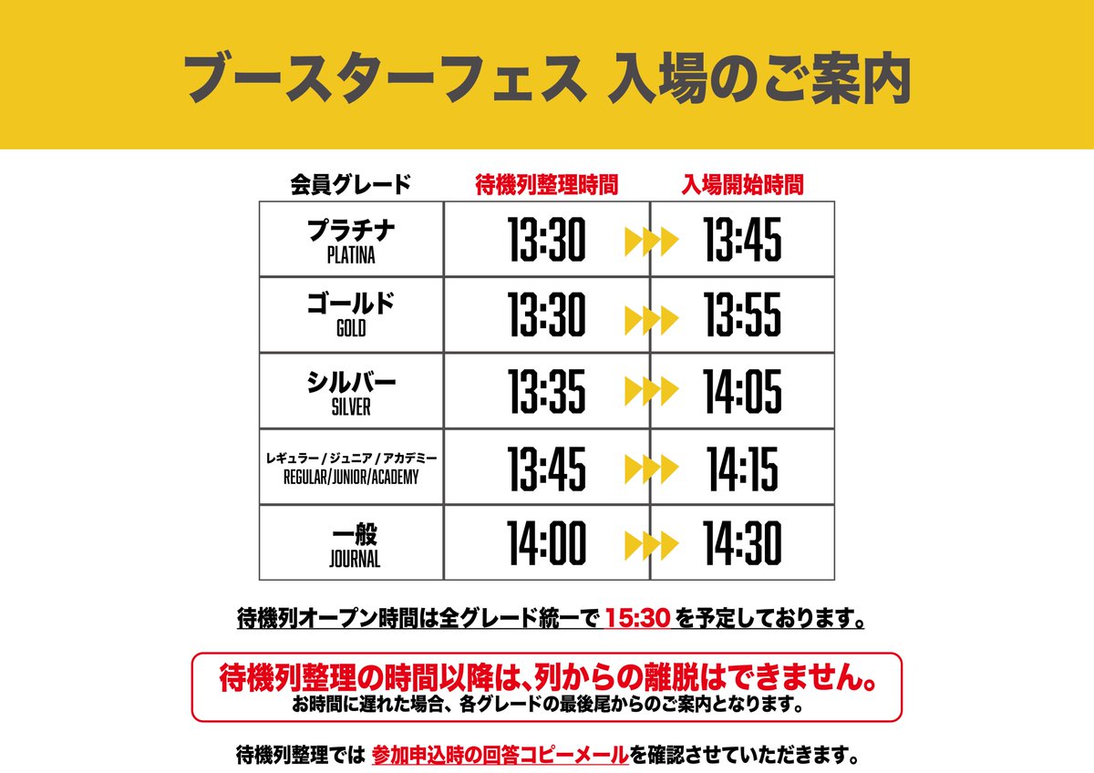 fivearrows_K's tweet photo. 🏀ブースターフェスご参加予定の皆さまへ🏀

明日(5/23)はいよいよブースターフェス🎉
ご入場にあたり、「会員グレードごとに待機列・整列時間・入場時間」が異なります！
スムーズなご案内のため、事前に画面をご確認のうえ、ご自身のグレードの時間・待機場所をご確認ください🙇🏻‍♂️

⚠️プラチナ・ゴールド会員の皆さま
　 → ホール内待機列
⚠️シルバー以下の会員・一般の皆さま
 　→ 場外待機列
また、待機列整理時間以降は列からの離脱ができません。

皆さまのご協力をよろしくお願いいたします！

明日、サンポートホール高松大ホールでお待ちしております🔥
#香川ファイブアローズ