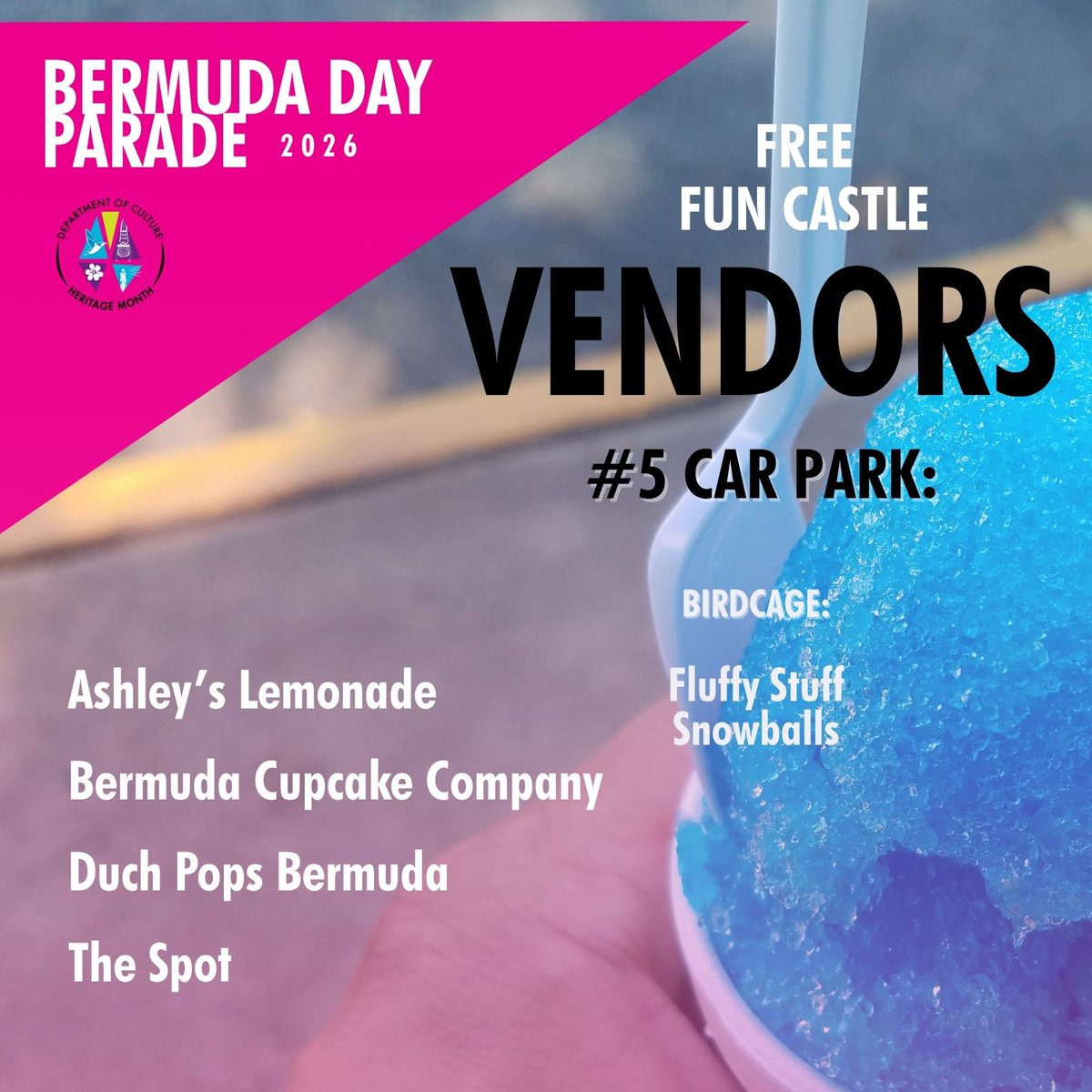 BermudaCulture's tweet photo. Visit our vendors for tasty treats and drinks during the Bermuda Day Parade.
See you at the parade!
#BermudaCulture #BermudaDay #BermudaDayParade #BermudaDayParade2026 #ForTheCulture #BermudianFood https://t.co/Rh44L5AQEu