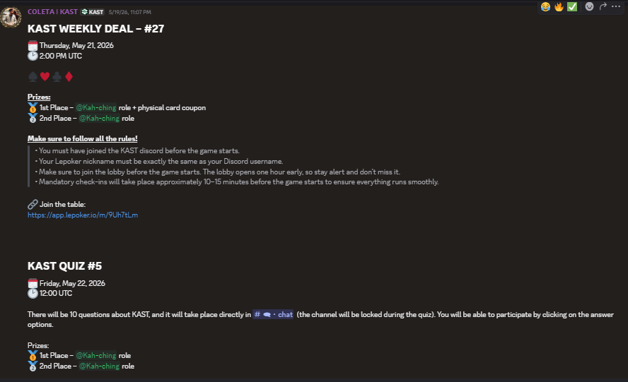 fufuweb3's tweet photo. 🚨 KAST community events are live! 🚨

♠️ Weekly Deal #27 - Today at 2PM UTC
🧠 KAST Quiz #5 - Tomorrow at 12PM UTC

Rewards available for top players

Discord🔗https://t.co/txEGY07CAG

🏆 Rewards

🥇 Kah-ching role + physical card coupon
🥈 Kah-ching role https://t.co/bQ4dCBSsV9