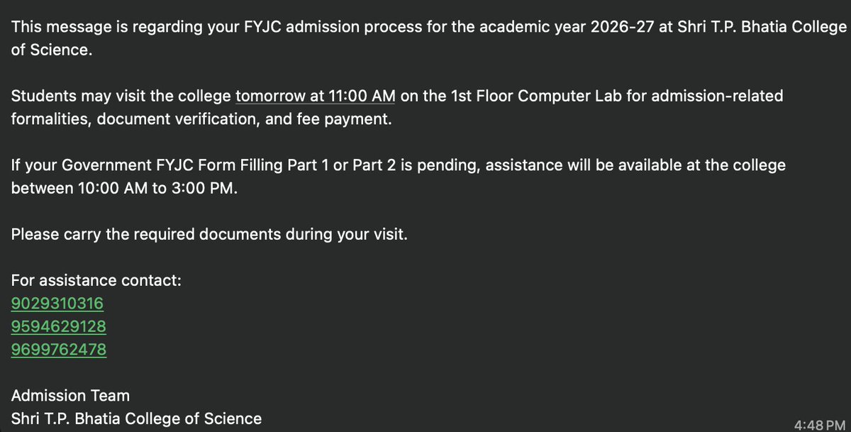 softwareartisan's tweet photo. @Uni_Mumbai Please look at my pic of my Whatsapp msg.  Using false language to make you believe that it was you who applied for their college &amp; now required to  to complete the admission process, such a gross misrepresentation of facts.  Please put @tpbhatiacollege on notice. https://t.co/3fAGP8swwI