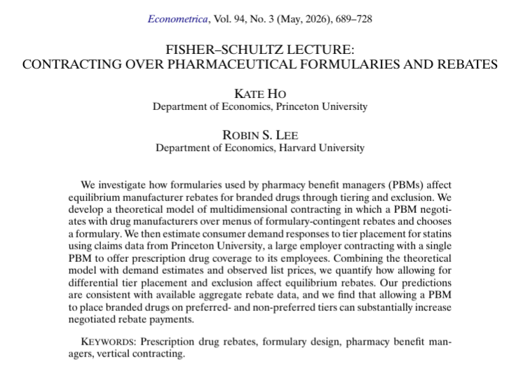 florianederer's tweet photo. Two interesting papers in the latest Econometrica

1) Even Jean Tirole is not infallible. There is a (small) mistake in his 1985 paper that people found 40 years later.

2) Robin Lee finished the paper based on the late Kate Ho's 2021 Fisher–Schultz Lecture. https://t.co/R0UgarYVWY