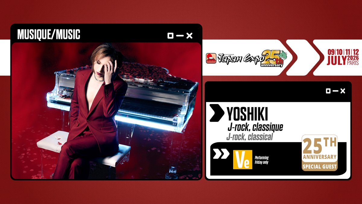japanexpo's tweet photo. 🇬🇧 Right before his highly-anticipated concerts at Walt Disney Concert Hall in L.A., YOSHIKI returns to celebrate Japan Expo’s 25th anniversary with a special performance on Friday 10 July 🤘

Leader of X JAPAN and THE LAST ROCKSTARS, and a musical genius, @YoshikiOfficial has an exceptional show in store for you 🤩

👉 https://t.co/Ofa4JMZUKq