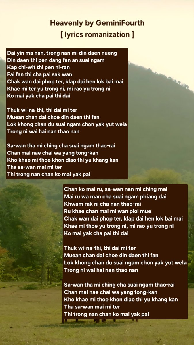 aydellch's tweet photo. { Heavenly by GeminiFourth — Lyrics Romanization }

It's so easy to sing, seriously, I love it sooo much 😭🤍

HEAVENLY MV GEMINIFOURTH

#HeavenlyMV
#GeminiFourth #เจมีไนน์โฟร์ท https://t.co/7EV8uYIfVn