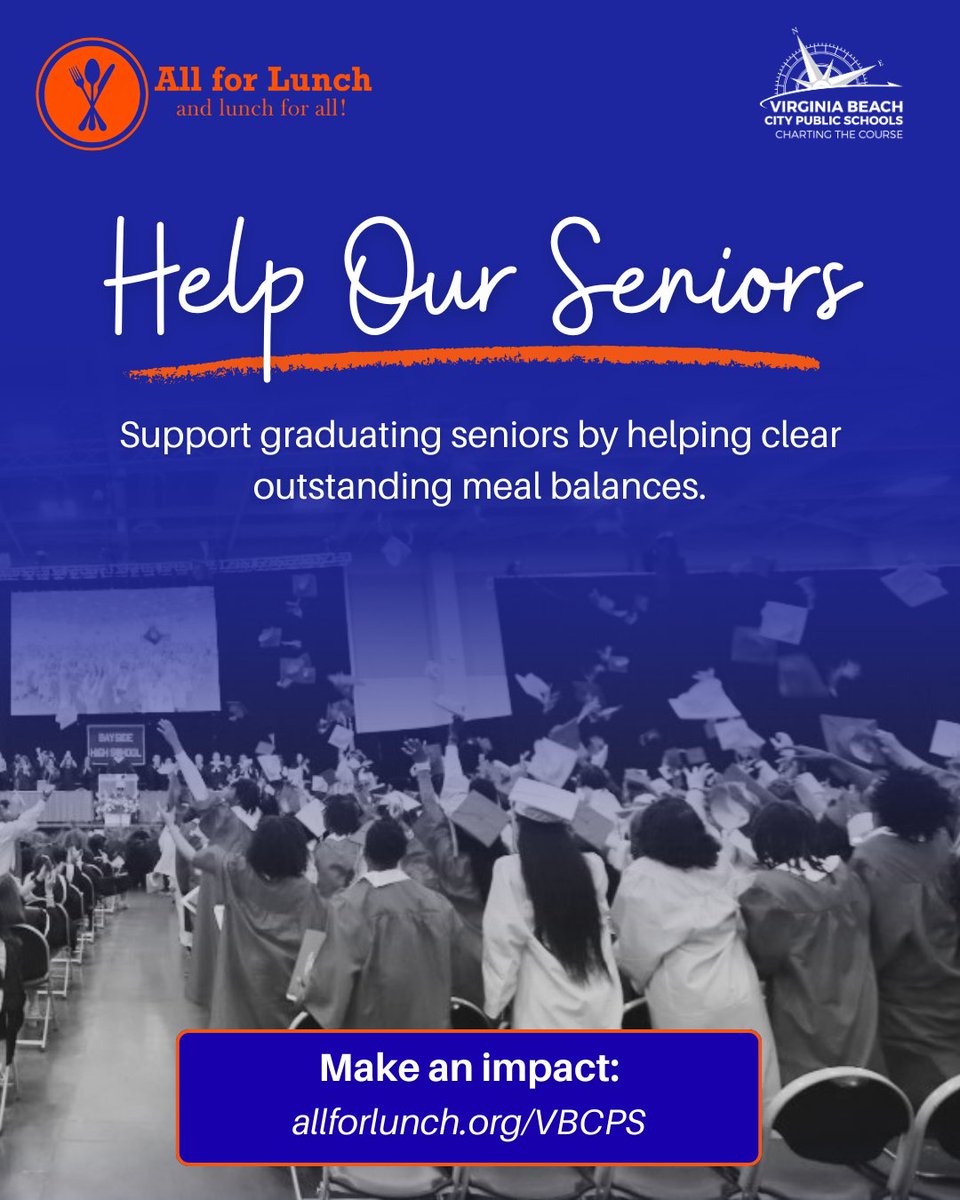 vbschools's tweet photo. As graduation approaches, the community is supporting VBCPS seniors by helping reduce school meal balances. 🎓💙

Through @AllForLunch, 100% of tax-deductible donations support graduating seniors at VBCPS.

Donate: https://t.co/XImYedWOTu

#WeAreVBSchools #VBCPSAllForLunch #AllForLunchLunchForAll