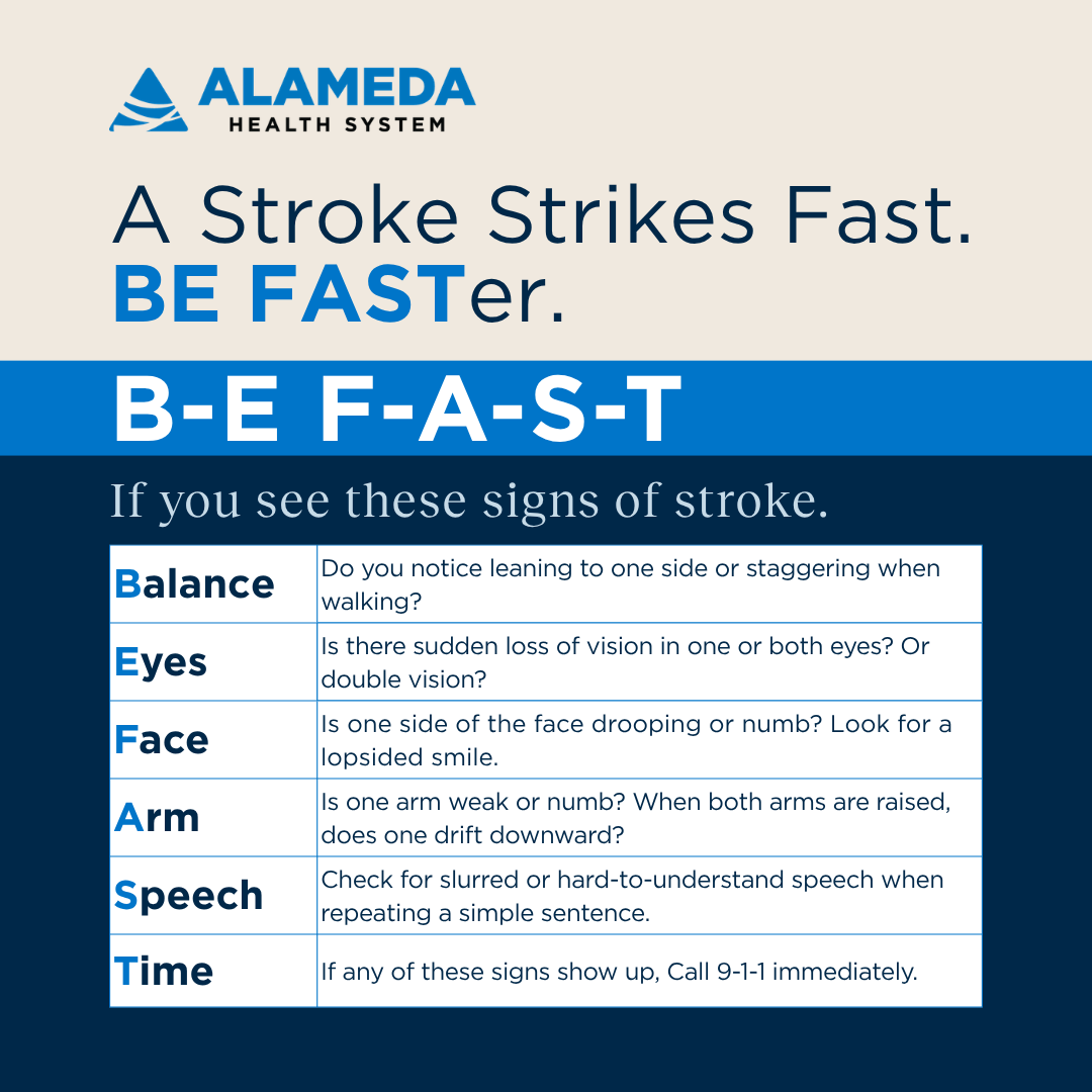 AlamedaHealth's tweet photo. Alameda Health System encourages Alameda Post readers  to know the warning signs of stroke in its Healthy Alameda column because every minute matters . Learn BE FAST and know when to call 911. Read more: https://t.co/VOeooatMPo https://t.co/pLKLXk06gv