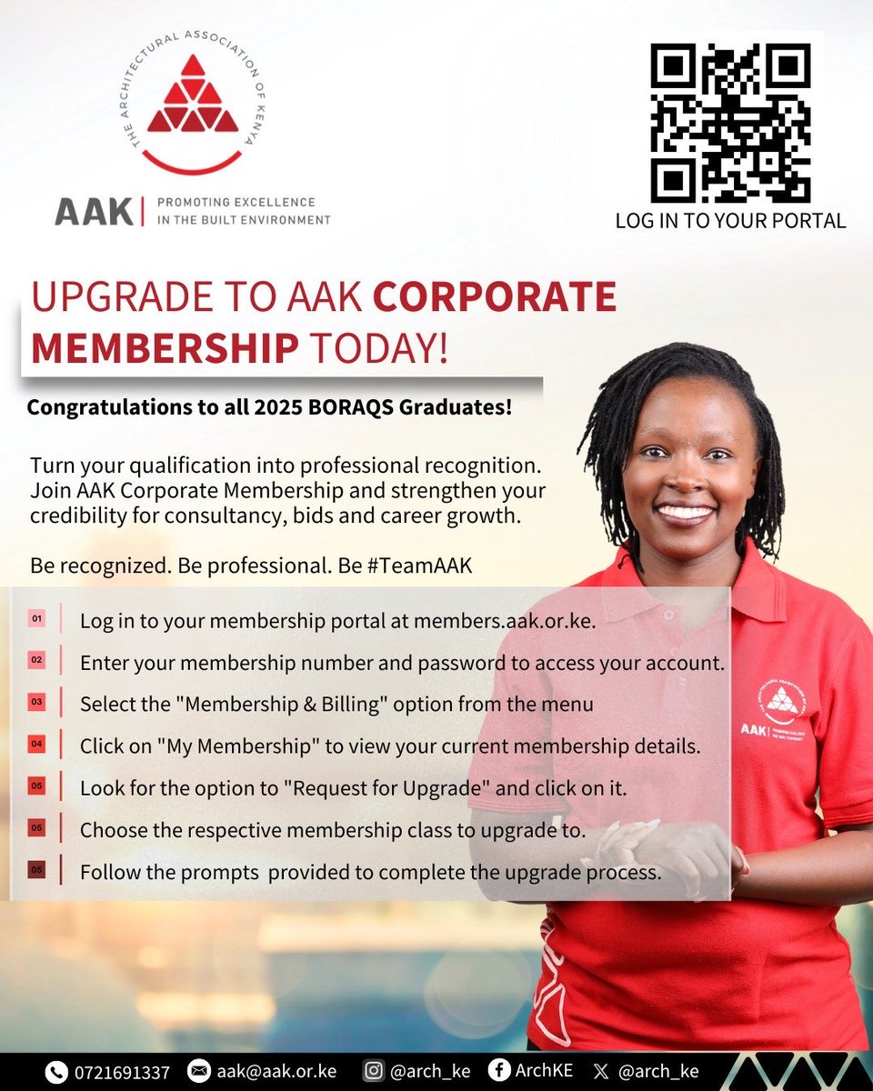 Arch_KE's tweet photo. Congratulations to all 2025 BORAQS Graduates.

Upgrade to AAK Corporate Membership today and strengthen your professional recognition, credibility and access to opportunities in the built environment.

Be recognized. Be professional. Be #TeamAAK. https://t.co/NsoaaNPo1u