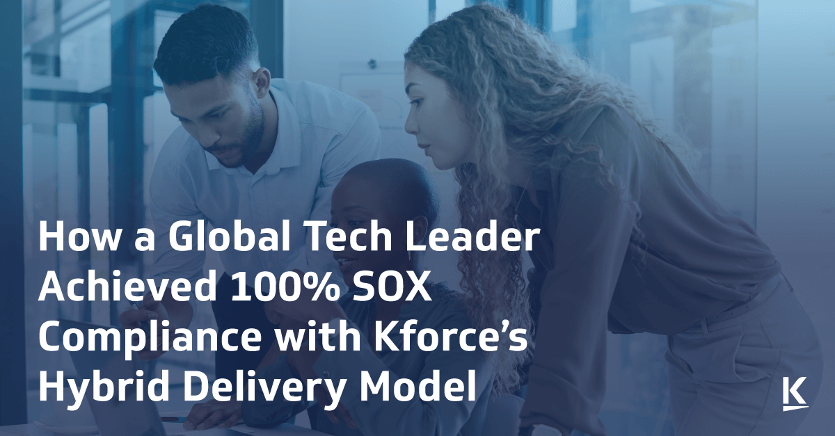 Kforce's tweet photo. Kforce helped a global technology company simplify evidence collection and tracking through automation and a structured managed-service approach.

With better consistency and coverage in place, the company reduced costs and maintained 100% SOX compliance: https://t.co/UqV2L8c9yg https://t.co/wGHqsUEFe6