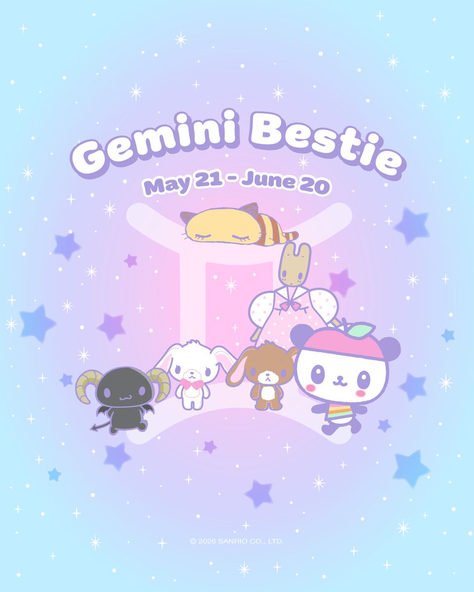 sanrio's tweet photo. Meet your Gemini ♊️ besties: Nemukko Nyago, Berry, Shirousa and Kurousa, Marroncream, and Pandapple. 

Tag a Gemini you adore 🩵 https://t.co/lI4D0ovs7h