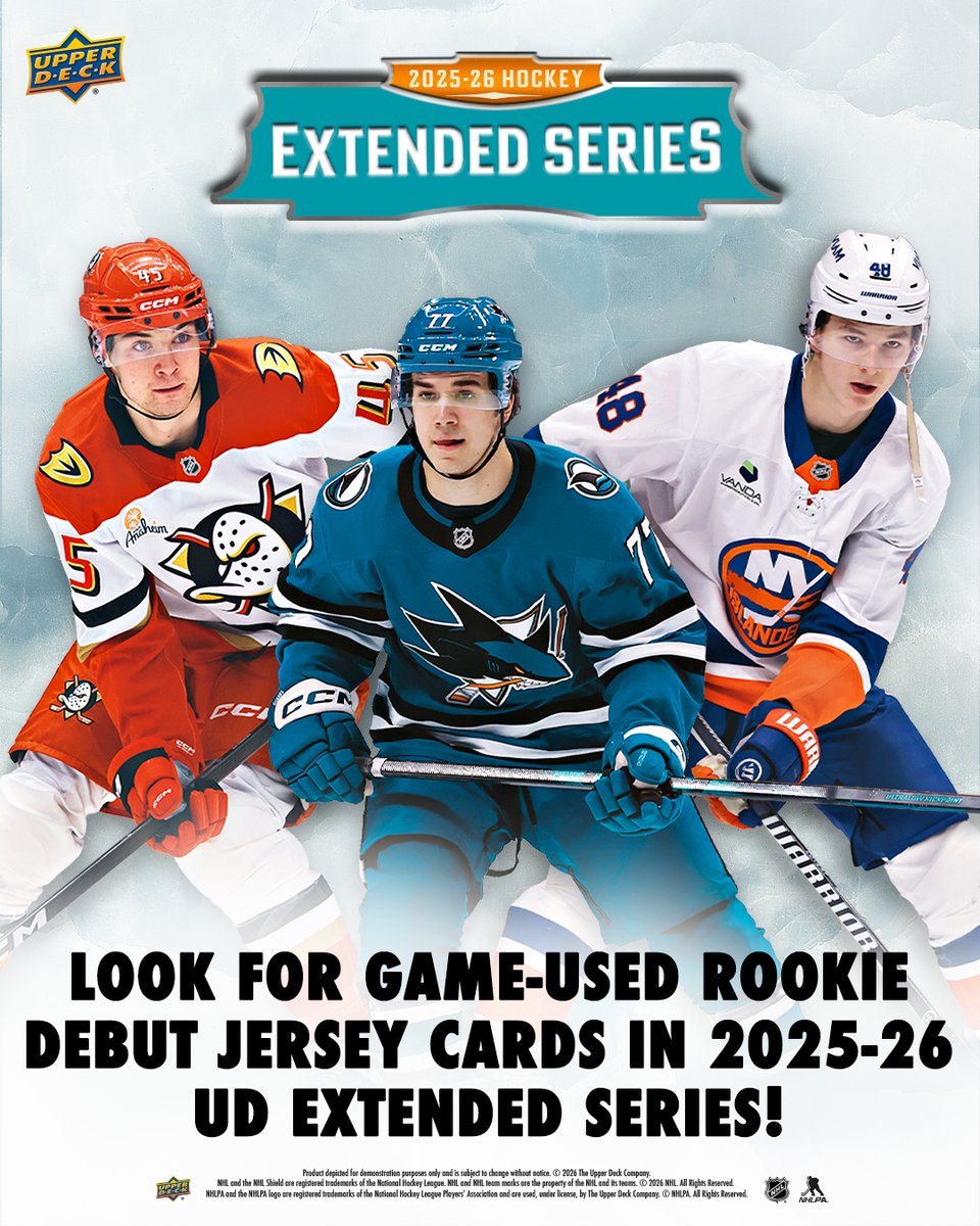 UpperDeckSports's tweet photo. History stitched into every card 🏒🔥

2025-26 Upper Deck Extended Series arrives June 3rd featuring the all-new Debut Game Jersey Program!

Find game-worn memorabilia from the NHL debut jerseys of rising stars like Matthew Schaefer, Beckett Sennecke, Michael Misa, and more 👀

Chase:
💥 Debut Game Jersey cards
✍️ Autos numbered to jersey number
🏆 1-of-1 Black Auto Variations with premium patches and fight strap tags

📅 Don’t miss this one