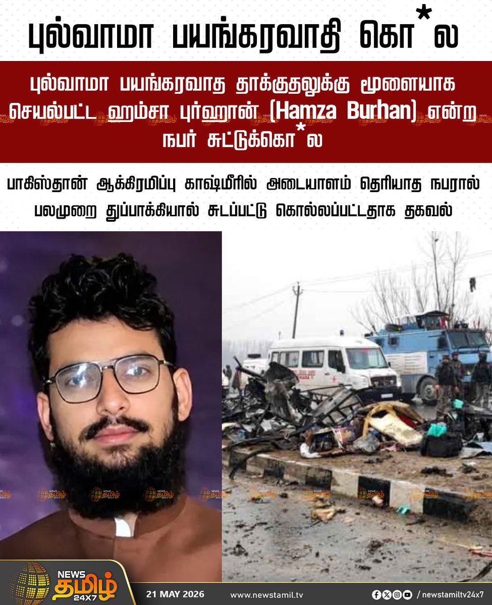 NewsTamilTV24x7's tweet photo. Pulwama Terrorist killed | புல்வாமா பயங்கரவாதி கொ*ல

புல்வாமா பயங்கரவாத தாக்குதலுக்கு மூளையாக செயல்பட்ட ஹம்சா புர்ஹான் (Hamza Burhan) என்ற நபர் சுட்டுக்கொ*ல

பாகிஸ்தான் ஆக்கிரமிப்பு காஷ்மீரில் அடையாளம் தெரியாத நபரால் பலமுறை துப்பாக்கியால் சுடப்பட்டு கொல்லப்பட்டதாக தகவல்

#Pulwama #HamzaBurhan #TamilNews #NewsTamil24x7