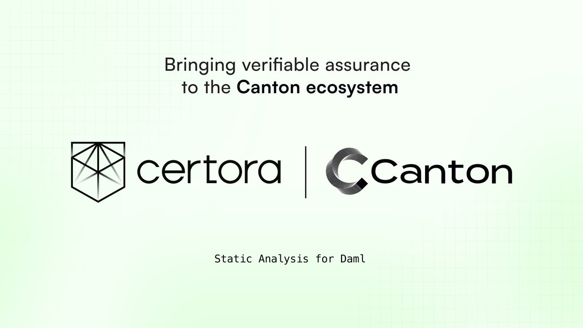 Certora's tweet photo. Certora has been awarded a grant from the @CantonNetwork Development Fund. 

We're building an open-source static analysis tool for Daml, bringing the same rigorous, automated analysis we've built for DeFi to institutions building on the Canton Network.

More details 🧵 https://t.co/281yLERC4w