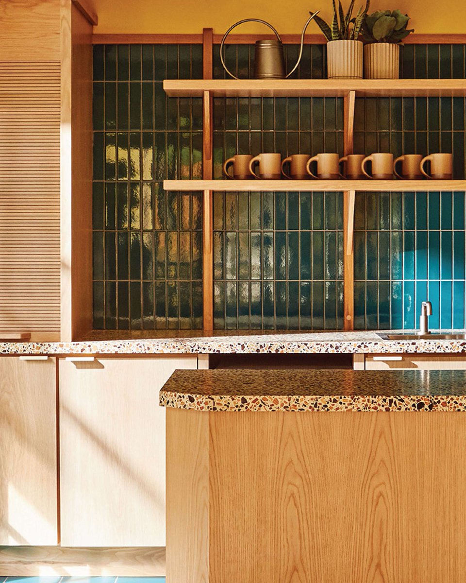 ddstile's tweet photo. Hospitality design at its most welcoming. studio LOVEISENOUGH paired warm wood, terrazzo, and our Copper State Unglazed Porcelain in Sage Smooth to create guest spaces that feel calm, natural, and connected to the North Carolina mountain landscape. https://t.co/gEvbiXkYJ4