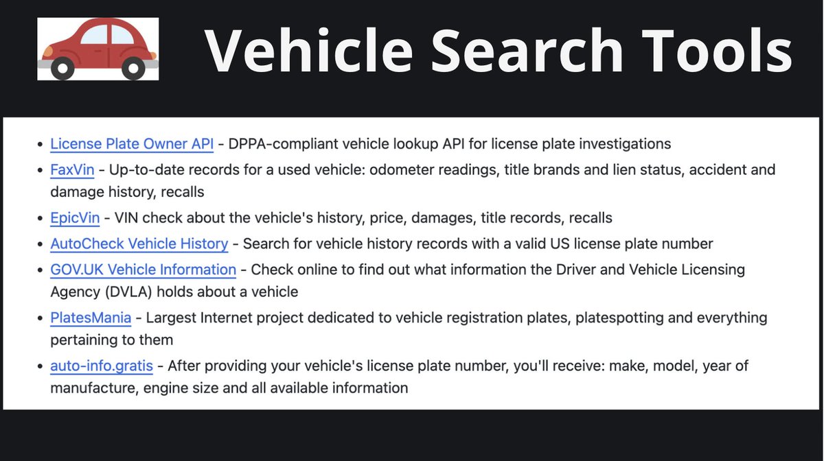 cyb_detective's tweet photo. Vehicle Search Tools

- license plate search
- VIN check
- vehicle history records

and more.

Part of Awesome Hacker Search Engines Github repo:
https://t.co/giEUFRbYg7

#osint https://t.co/i5xfSIWjew
