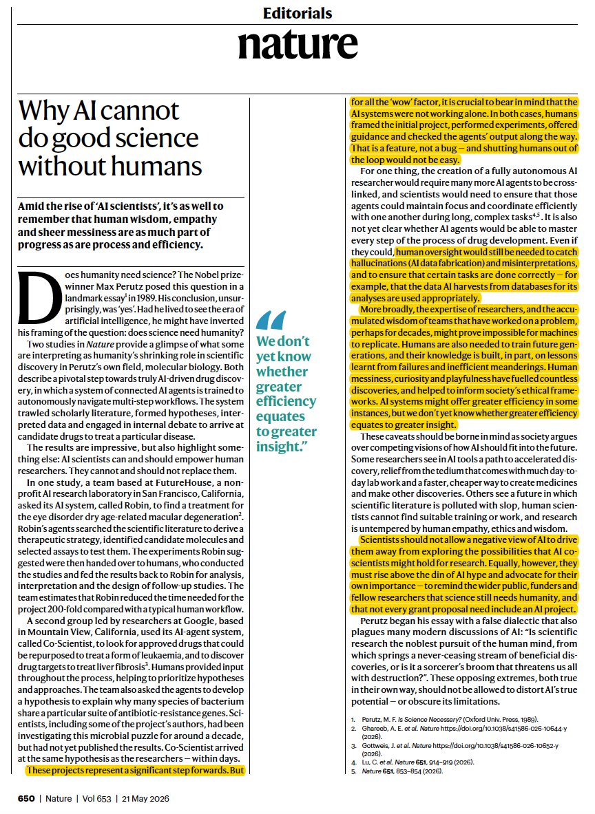 mmahesh1's tweet photo. "Scientists should not allow negative view of AI to drive away from exploring possibilities that AI co- scientists can do...however, they must advocate &amp; remind wider public... that science still needs humanity &amp;  that not every grant need an AI project"

https://t.co/dzsZidHYyc https://t.co/Z0xBRo0i6R