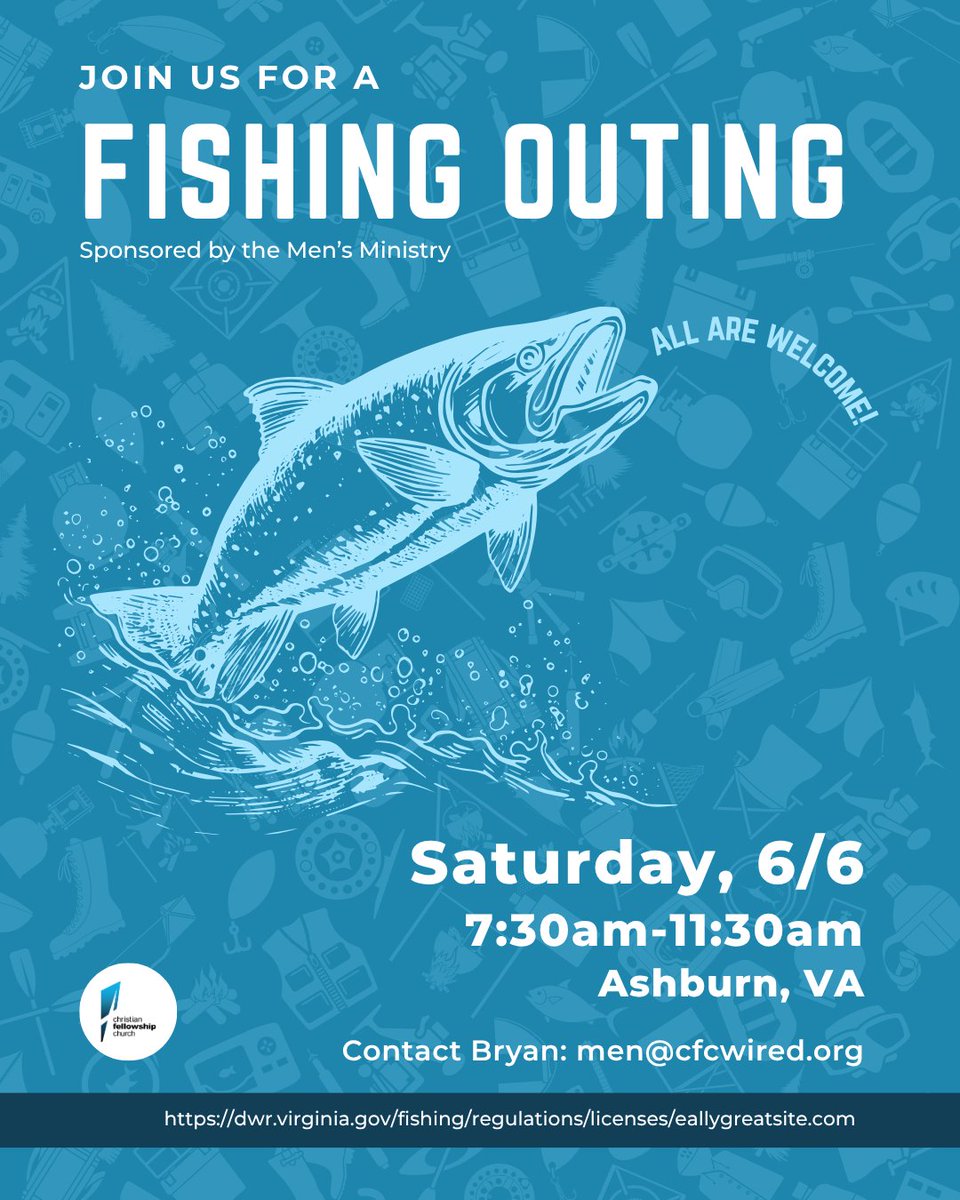 cfcwired's tweet photo. CFC Men’s Ministry is hosting a Fishing Outing! Bring family &amp; friends to Cedar Lake (Ashburn) on Sat, June 6, 7:30–11:30am. VA fishing license required: https://t.co/l8pC9PbR5U. Limited to 12—email men@cfcwired.org to sign up! Details: https://t.co/Q5u5d9Ue7P #cfcwired https://t.co/oHrkYjhq6S