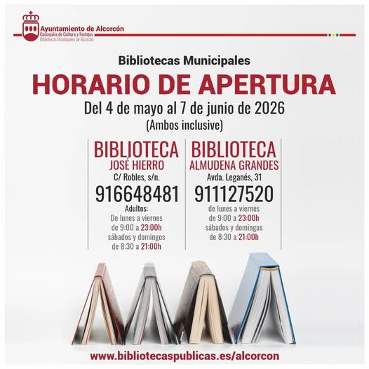 AlcorOndarreta's tweet photo. La biblioteca de #Ondarreta 📚 Almudena Grandes (av. Leganés, 31, #Alcorcon) tiene horario extendido hasta el 7 de junio:

L-V: 9 a 23 h
S-D: 8:30 a 21 h https://t.co/ulwqZQOig3