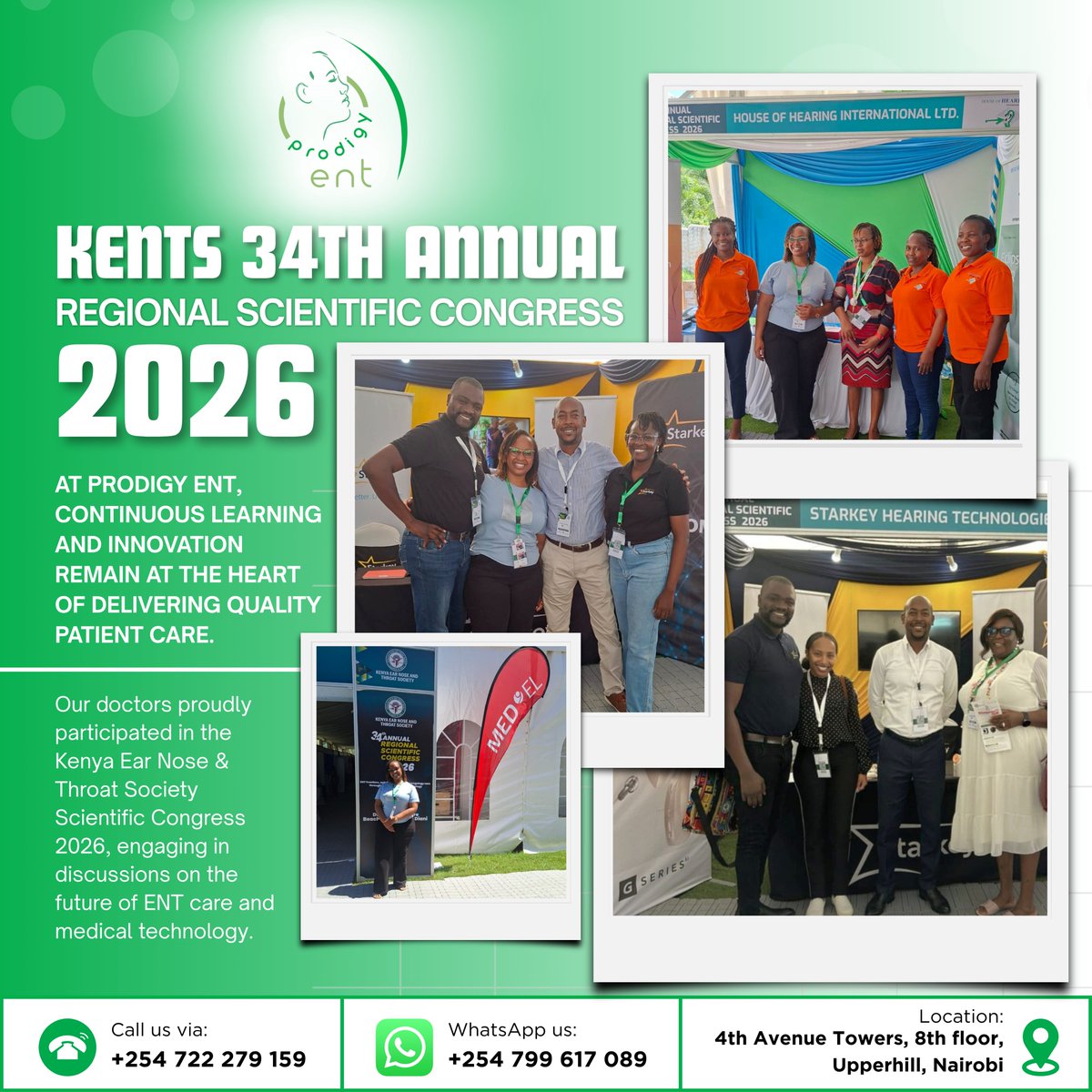 prodigyentkenya's tweet photo. Our team from Prodigy ENT Specialists Clinic was honored to participate in the 34th Annual Regional Scientific Congress 2026 hosted by the Kenya Ear Nose and Throat Society (KENT). https://t.co/wDAuxsADFl