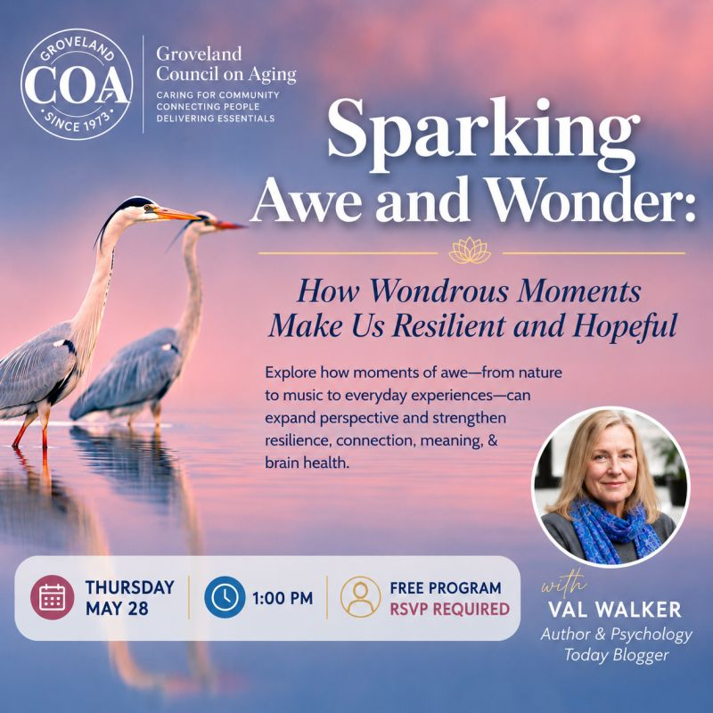 ValWalkerAuthor's tweet photo. Several Council on Aging Centers around Massachusetts have been offering my talk about how wondrous moments make us resilient and hopeful as we age. https://t.co/VuC60kEGmH