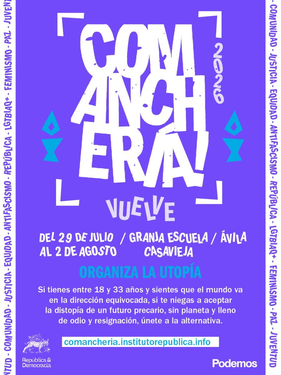 PODEMOS's tweet photo. 🟣 ¡Vuelve Comanchería! Un espacio para pensar, compartir y construir futuro colectivo. Si tienes entre 18 y 33 años y no te resignas al odio ni a la precariedad, tienes que venir.

29 de julio - 2 de agosto 
Granja escuela, Casavieja, Ávila.

Apúntate 👉 https://t.co/kUPpGwAn8o https://t.co/Q6o5bbFzyo