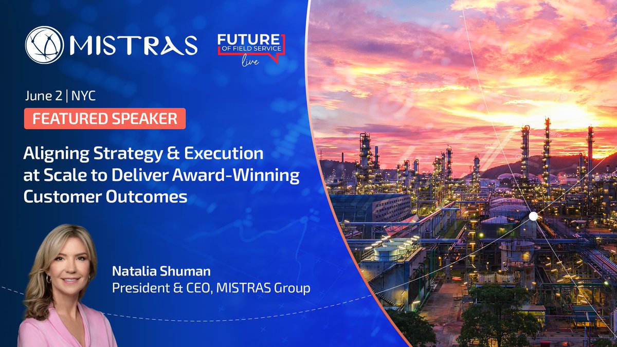 MISTRASGroup's tweet photo. We are excited to announce MISTRAS’ President and CEO, Natalia Shuman, will be a featured speaker at the Future of Field Service Live on June 2 in New York City.

Join Natalia as she shares how MISTRAS Group has transformed field service from a functional necessity into a strategic capability by combining advanced inspection services with proprietary technologies, delivering real-time insights and forward-looking decision support across critical infrastructure.

#MISTRAS #FutureofField #FieldServices #OilandGas