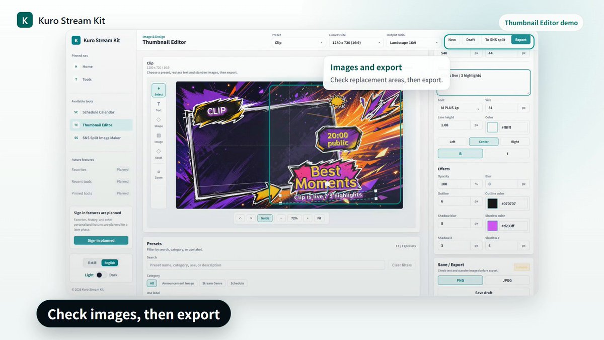 kurodev_v's tweet photo. Image and standee replacement areas can be checked in the same editing screen.

When the thumbnail is ready, export it as PNG or JPEG and use it for stream announcements, clip posts, or cover uploads. https://t.co/dIqujZve68