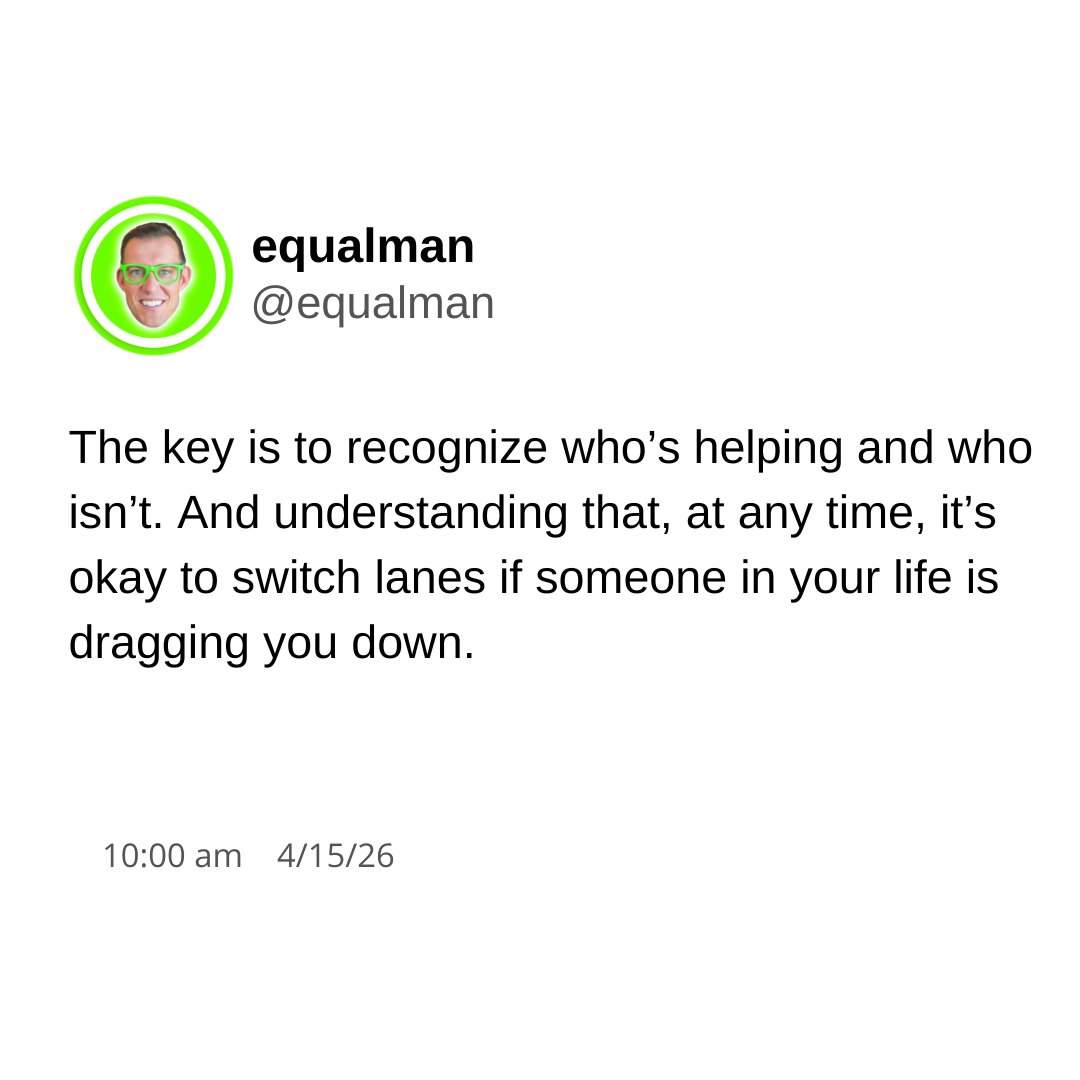 equalman's tweet photo. The real skill isn’t just moving forward, it’s knowing who you’re moving forward with.

You’re allowed to switch lanes. You’re allowed to outgrow spaces that no longer support who you’re becoming.

#Mindset #Growth #Boundaries #Leadership #SelfAwareness #PersonalDevelopment https://t.co/2nMXRPEH8m