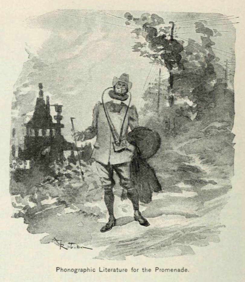 PublicDomainRev's tweet photo. 19th-century Audible.

Albert Robida illustration from Octave Uzanne’s “The End of Books” (1894), the French bibliophile's story imagining how printed text might disappear in the face of rapid advances in phonographic technology: https://t.co/bVyfCqR0v3 https://t.co/HFCNEaSc3E
