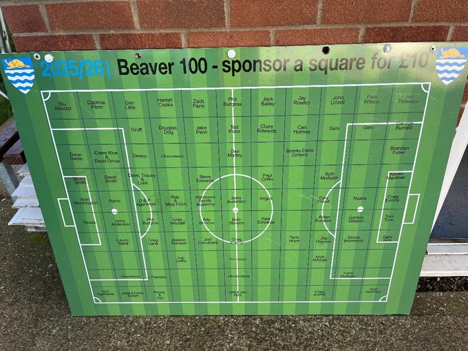 BeverleyTownSA's tweet photo. We've brought back the Pitch Square board for our first @NorthernPremLge season. Just £10 gets you a square on the board and in the programme for the full season. We sold 77 of 110 squares in 2025/26, but would love to fill it this time, with around half the squares already taken https://t.co/Lz9OyTdEeA