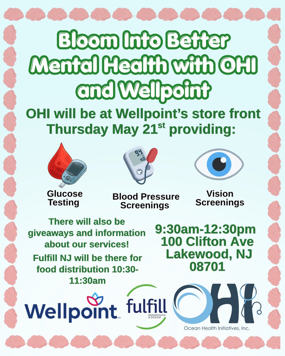 ohinj's tweet photo. ￼Bloom Into Better Mental Health with OHI & Wellpoint ￼
Join Ocean Health Initiatives at Wellpoint’s storefront TODAY for free community health screenings, wellness services, and resources!
￼Glucose Testing
￼Blood Pressure Screenings
￼Free Hand Massages
￼Free Haircuts
There will also be giveaways, information about OHI services, and Fulfill NJ food distribution from 10:30am–11:30am.
Distribución de alimentos de Fulfill NJ de 10:30am a 11:30am.
￼9:30am–12:30pm
￼100 Clifton Ave, Lakewood, NJ 08701
We look forward to seeing you there! ￼